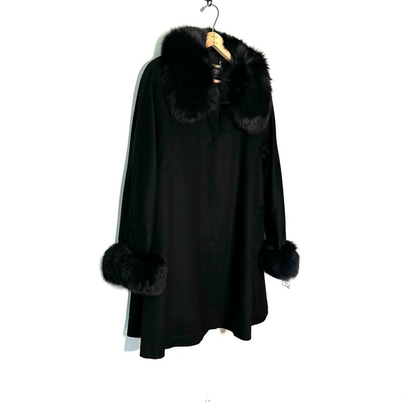 Belle Fare | Black Fox Fur Collar and Cuffs Cashmere Blend Wool Coat Size Large - Picture 2 of 10